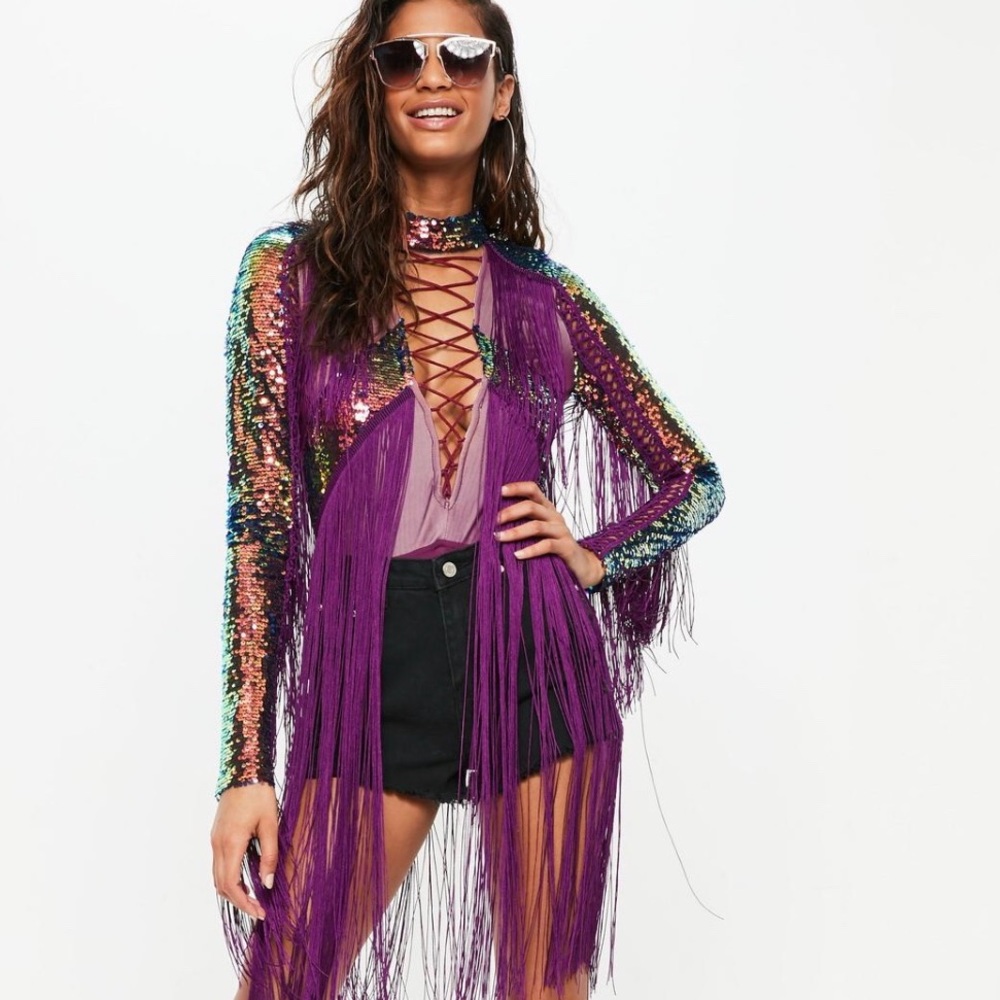 Purple fringe body suit